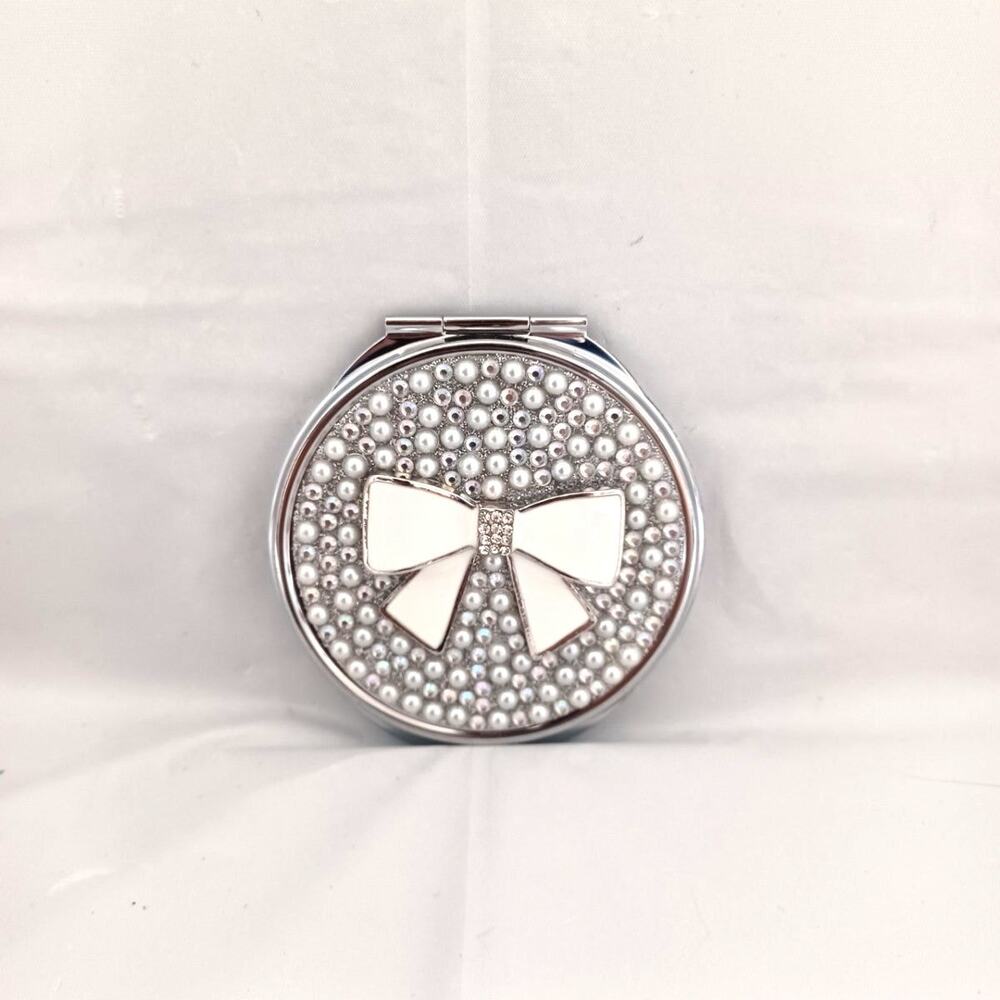 Pearl White Bow Compact Mirror – Silver Round Travel Makeup Mirror